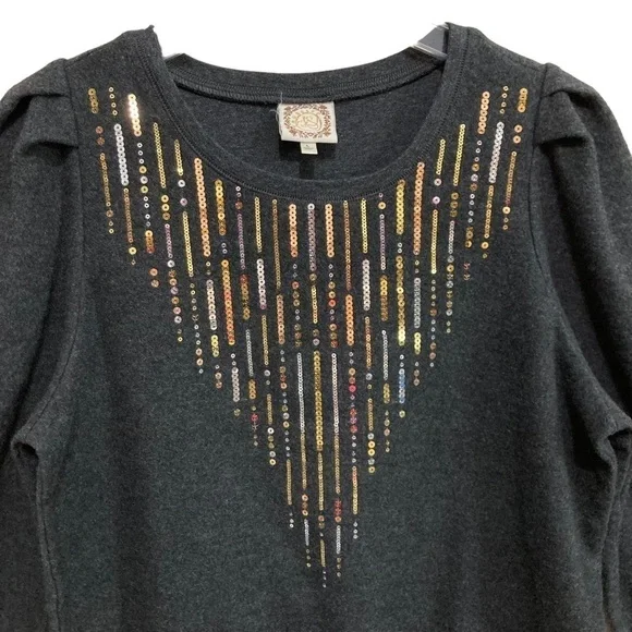 TruSelf Sweatshirt Top Charcoal Gray Sequin Gold Silver Copper Size Large - Picture 3 of 9